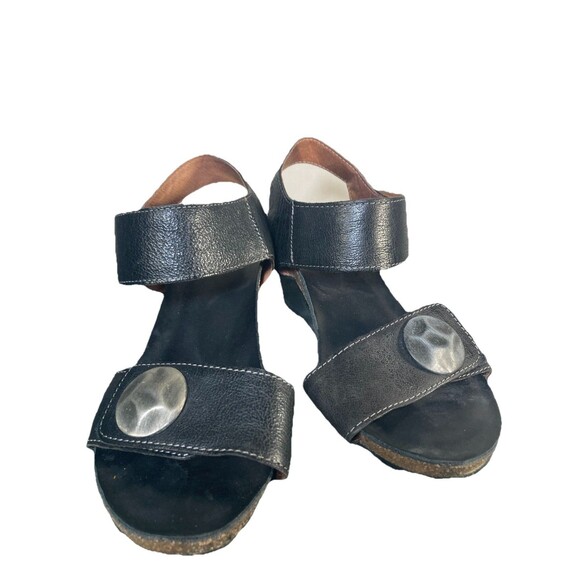 Taos Sandals Carousel 2 Wedge Heels Black Leather Open Toe Womens Sz 37 US 6.5 - Picture 3 of 8